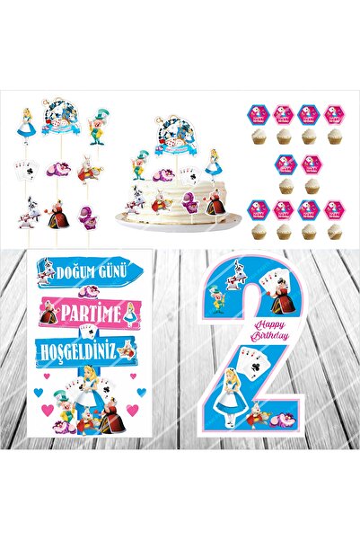 SİYAH PARTİ EVİ Alice in Wonderland Birthday Table Decoration / Cake Decorati...