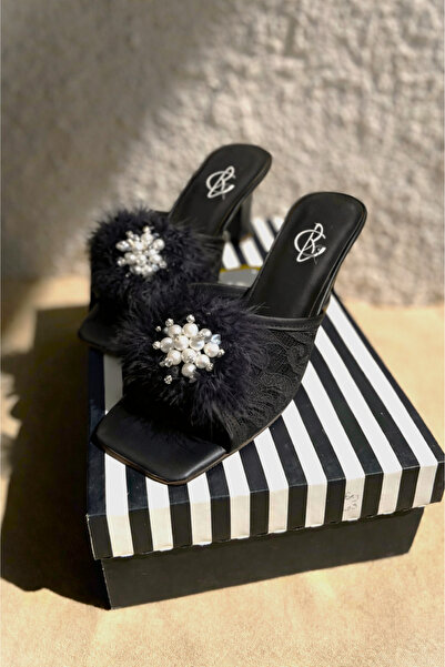 BZC AYAKKABI Black Feathered Engagement Bridal Slippers