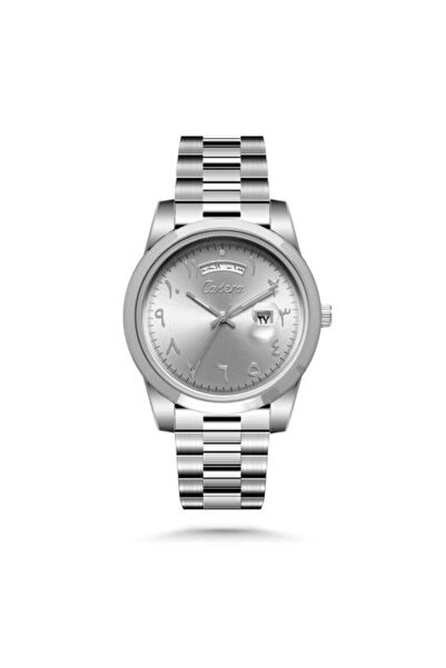 catera Arabic date and day watch with a silver-tone steel strap and a gray dial
