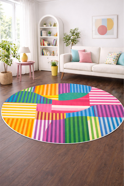 Decomia Home Dijital Kaymaz Yıkanabilir Renkli Yuvarlak Salon Halısı Çocuk Ha...