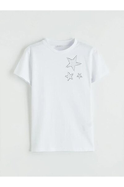 LC Waikiki White Crew Neck Star Printed Girls' T-Shirt (S6)