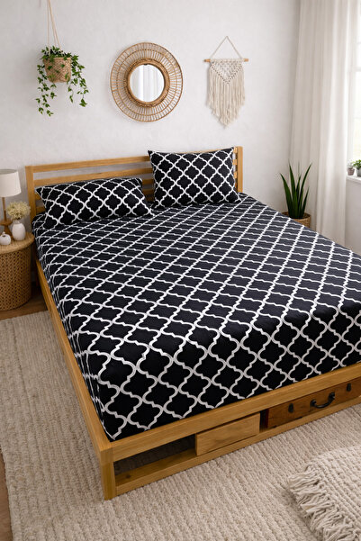 SADEN HOME Black Checkerboard Patterned Elastic Sheet Set - Single/Double/Kin...