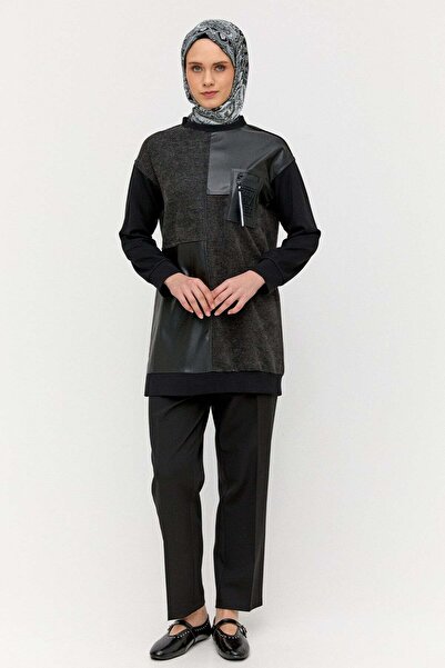 Setrms Deri Parçalı Fileli Tunik