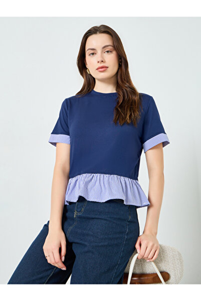 Styli Navy Gingham Peplum Hem T-Shirt