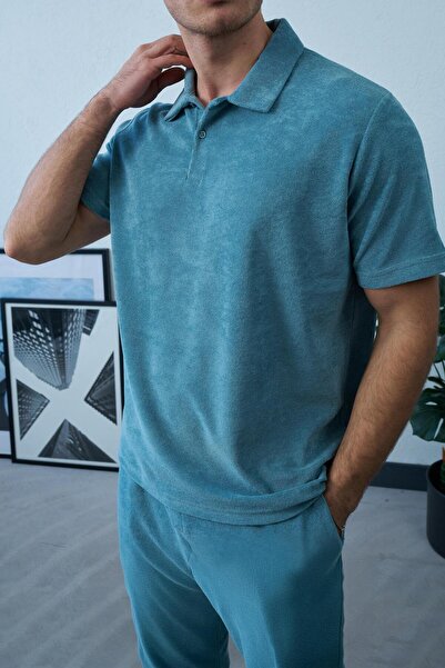 duo fideles Men's Terry Fabric Half Button Relax Fit Short Sleeve Summer Polo...