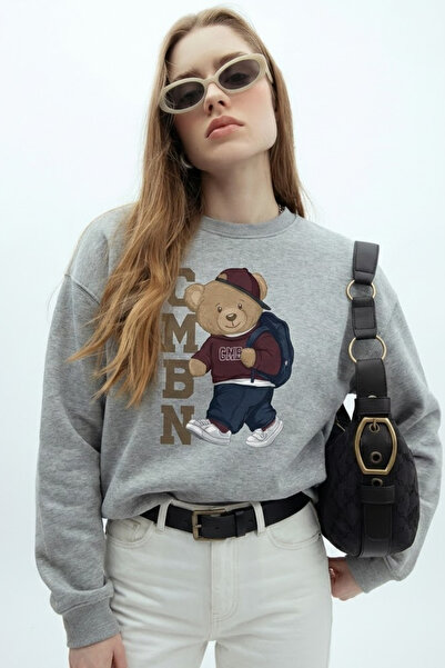 COMBİNE MİCHAİL Women's Teddy Bear Printed Gray Relax Sweatshirt