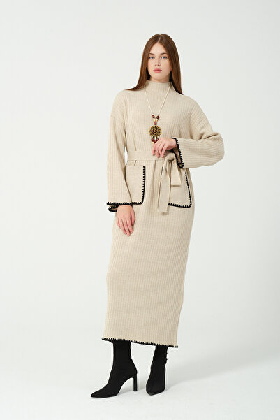 Hatun Atila Hatunatila Crochet Knitwear Dress with Necklace and Belt 5106 Beige