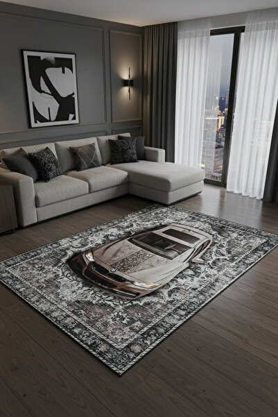 Pixel Dizayn BMW Vintage Eskitme Gri Ton Çiçek Desenli Şönil Tasarım Halı