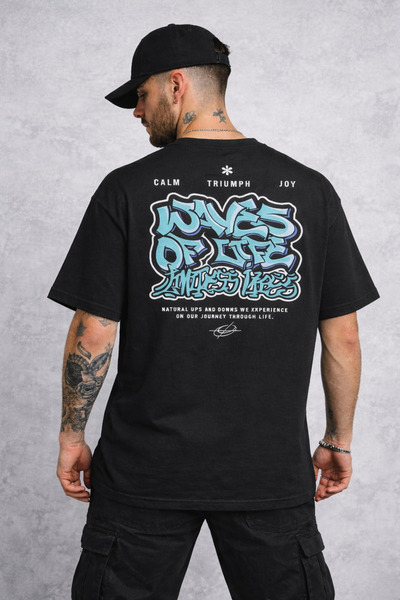 herkesemoda Waves of Text Detailed Basic T-Shirt