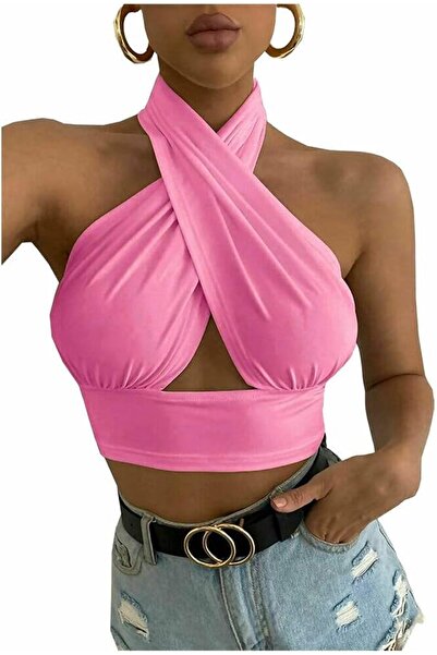 Other Maiou cu Bretele, Mătase și Poliester, Stil Sexy, Spate Încrucișat, Roz...