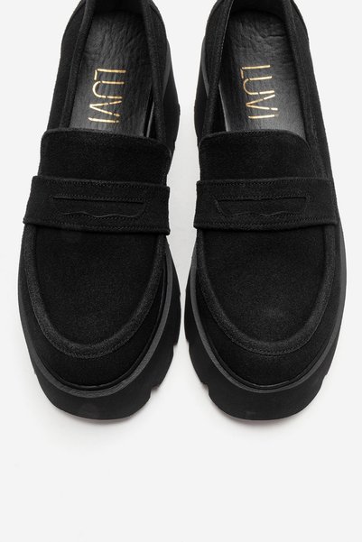 LuviShoes SANTIA Black piele întoarsă Pantofi de damă cu talpă groasă loafers