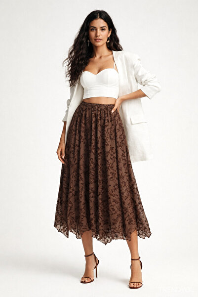 kikiriktekstil 10951 Women's Velvet Embossed Waist Elastic Lined Skirt