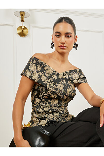 Styli Black Floral Jacquard Off-Shoulder Top