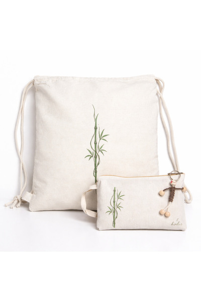 hodie collection Bamboo Printed Raw Fabric Bag Set Drawstring Backpack + Make...