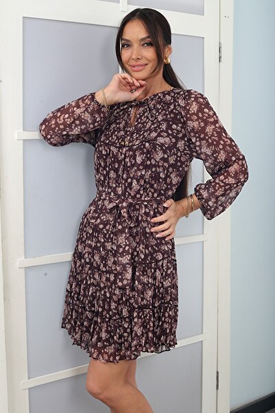 By Saygı Women's Collared Lace-Up Lined Floral Patterned Gipeli Short Chiffon...