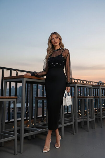 modablask New Season Women's Long Sleeve Crew Neck Long İmported Crepe Dress ...