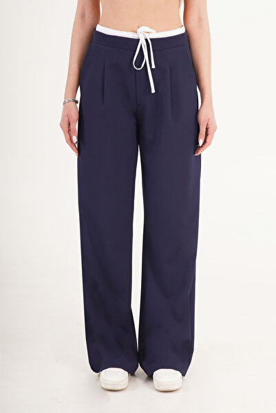 Hipo Trend Bel Double-Banded Wide-Leg Navy Blue Trousers