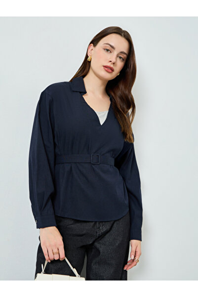 Styli Navy Blue Open Collar Belted Top