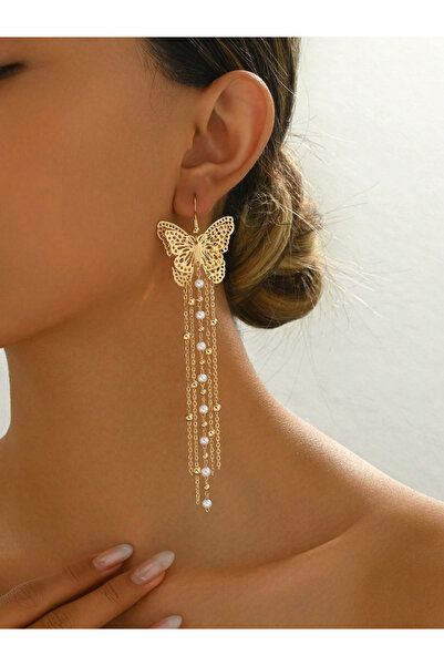 Take Two By Styli Women's Metal Butterfly Tassel Chain Earrings