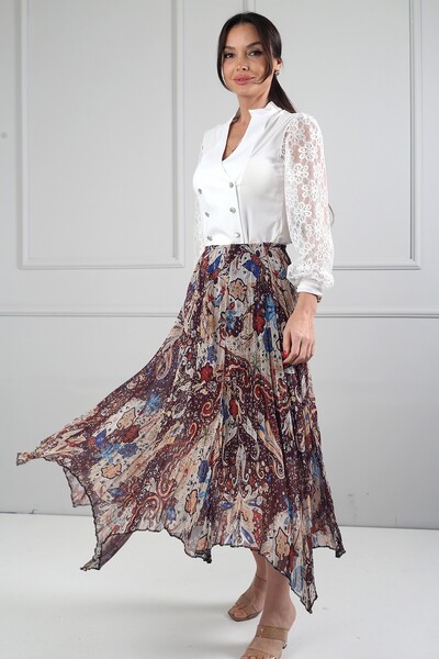 By Saygı Women's Elastic Waist Lined Shawl Patterned Crinkled Triangle Midi S...