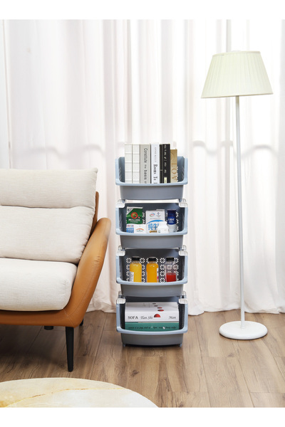 Lawazim رف تخزين قابل للتكديس من 4 طبقات، 35.8 × 32.5 × 94 سم، أزرق، منظم متع...