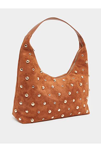 Styli Women Brown Suede Studded Shoulder Bag