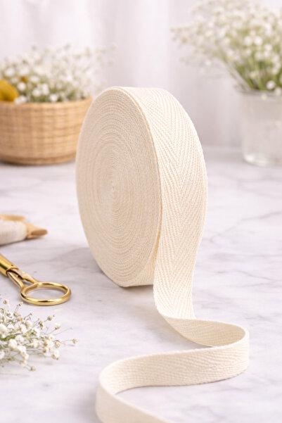Ak Tuhafiye Cotton Herringbone Woven Ribbon 2 cm – Cream, Natural Raw Color –...