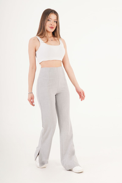 Hipo Trend High Waist Bell-Bottom Slit Gray Trousers