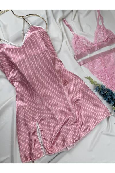 ROZENİN LINGERIE Satin Dress Nightgown Underwire-Free Lingerie Set 3-Piece Set