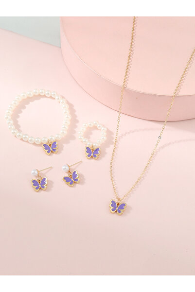 Take Two By Styli طقم من 4 قطع - قلادة على شكل فراشة مزينة باللؤلؤ الصناعي، س...