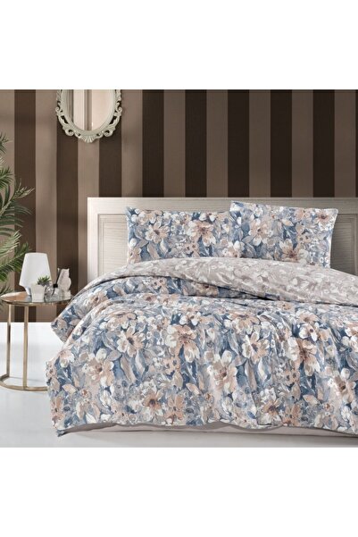 First Choice Joly Blue double bed linen in ranforce Cotton with beige flowers
