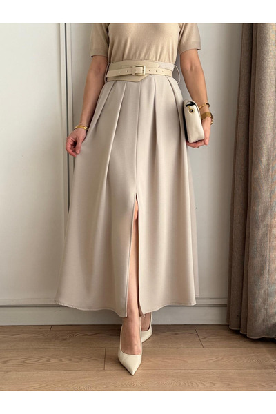 My Blog Fusta bej plisată cu șliț frontal și curea - 3376