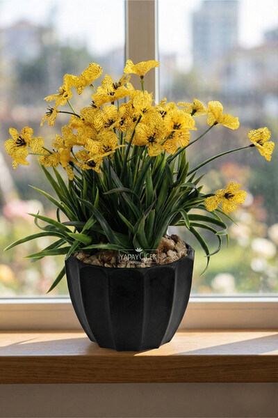 Yapay Çiçek Deposu Sapphire Veined Arrangement in Black Pot 27 cm Yellow