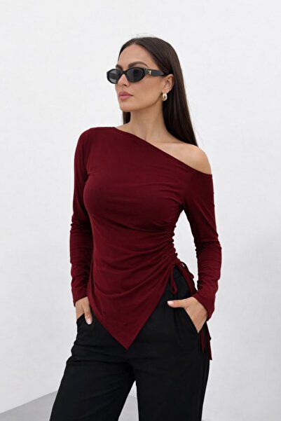 spirituel Women's Blouse One Shoulder Open Asymmetrical Side Gathered Long Sl...
