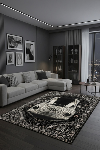 Pixel Dizayn Porsche 911 Siyah Beyaz Otantik Desenli Şönil Halı