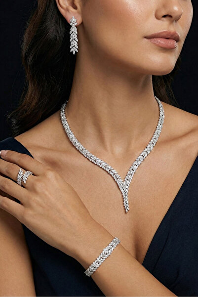 Happyline Gümüş Kaplama Zirkon Taşlı Pırlanta Modeli Küpe Kolye Yüzük Bilekli...