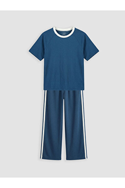 LC Waikiki تي شيرت وبنطلون رياضي للفتيات من إنديجو بتصميم ياقة دائرية