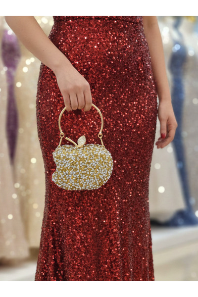 Çanta Trend حقيبة سهرة نسائية مرصعة بالأحجار على شكل تفاحة (10*13 سم)