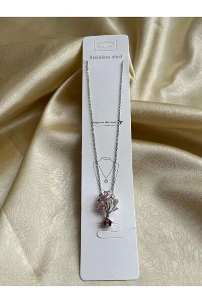 lilith accesuary Pink Zircon Stone Flower Necklace with Stainless Steel Chain...