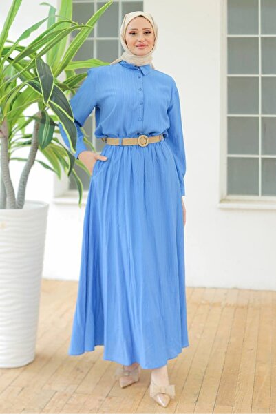 Bestenur Straw Belted Double Set 1687 - Blue