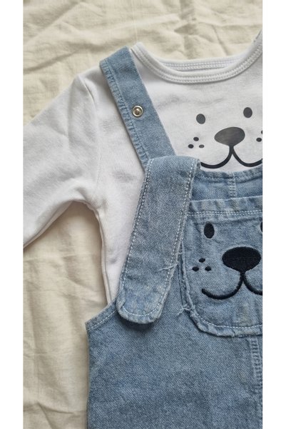 Sabi Baby Dog Embroidered Long Sleeve Bodysuit and Gardener Overalls 2-Piece Set