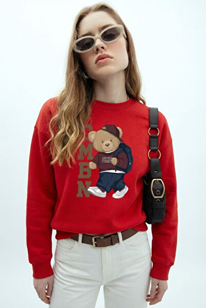 COMBİNE MİCHAİL Women's Teddy Bear Print Red Relax Sweatshirt