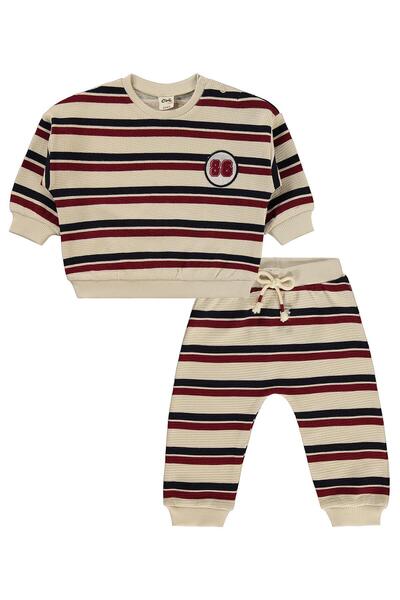 Civil Baby Çizgili Nakışlı 6-18 Ay Takım - Bej 9-12 Ay