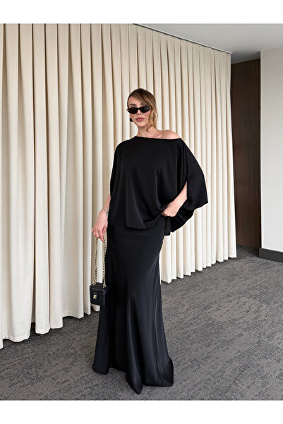 Laluvia Black Shoulder Draped Satin Blouse Skirt Set - 8005