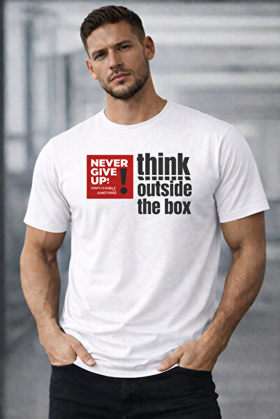 herkesemoda Think Outside Text Detailed Basic T-Shirt