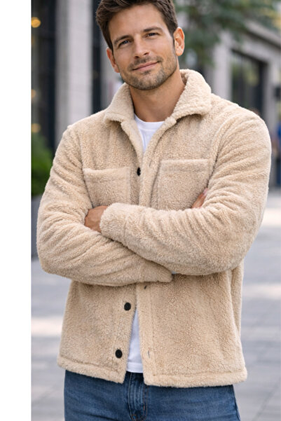 Deep sense Men's Oversize Plush Shirt Jacket – Oversize Double Pocket Buttone...