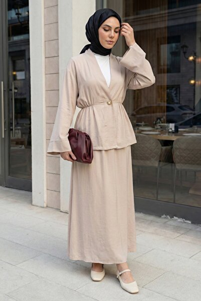InStyle Shawl Collar Gold Buttoned Beige Suit