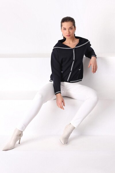 Ferraro Navy Blue Stripe Detailed 100% Cotton Women's Knitwear Cardigan