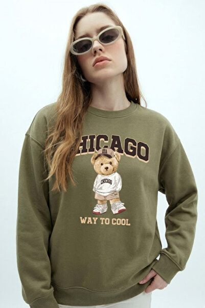 COMBİNE MİCHAİL Women's Chicago Printed Khaki Loose Sweatshirt