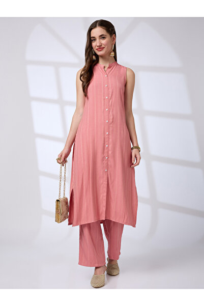 Globus By Styli Mandarin Collar Front Slit A-Line Kurta and Pants Workwear Set